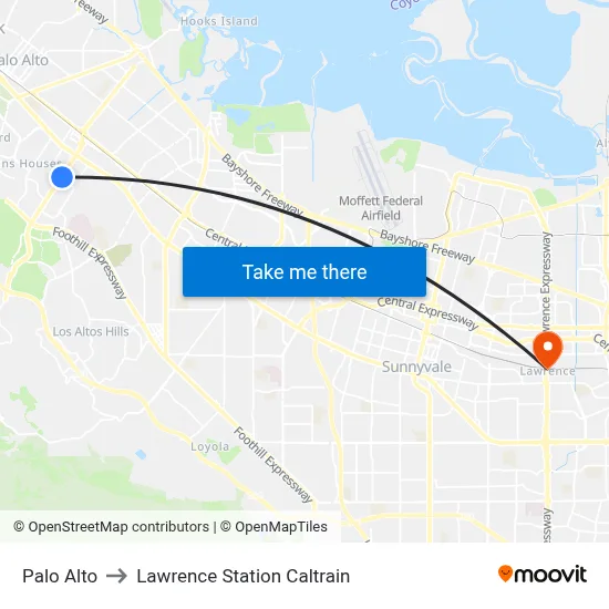 Palo Alto to Lawrence Station Caltrain map