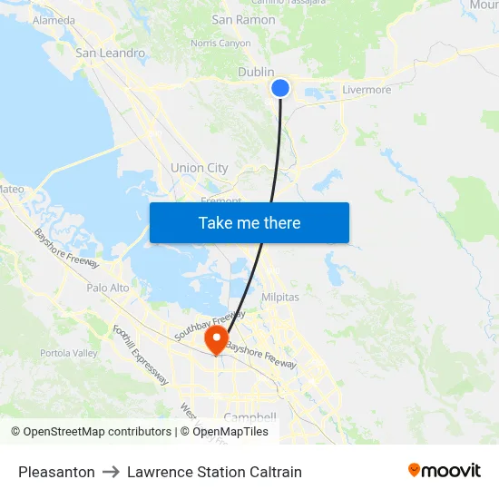 Pleasanton to Lawrence Station Caltrain map