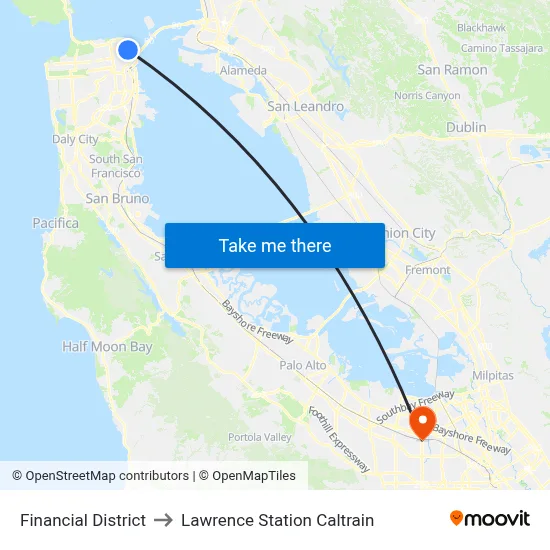 Financial District to Lawrence Station Caltrain map