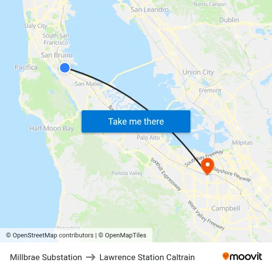 Millbrae Substation to Lawrence Station Caltrain map