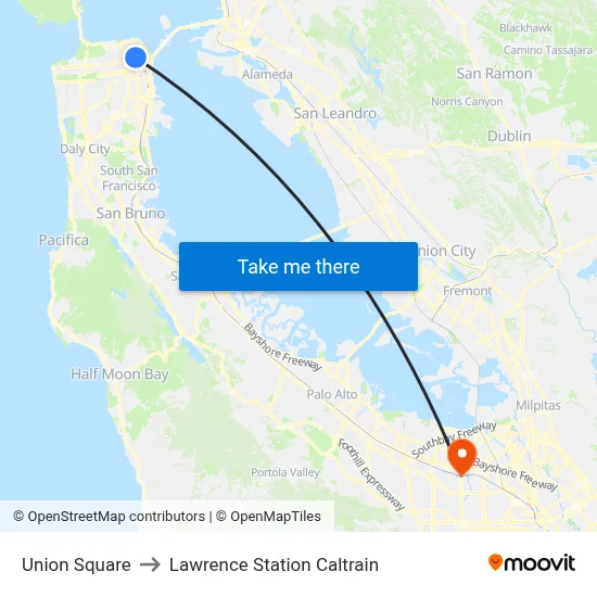 Union Square to Lawrence Station Caltrain map