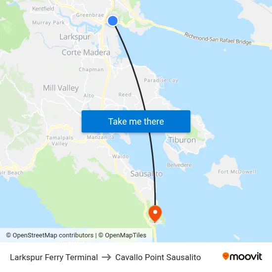 Larkspur Ferry Terminal to Cavallo Point Sausalito map