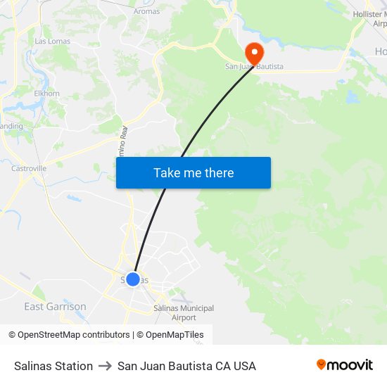 Salinas Station to San Juan Bautista CA USA map