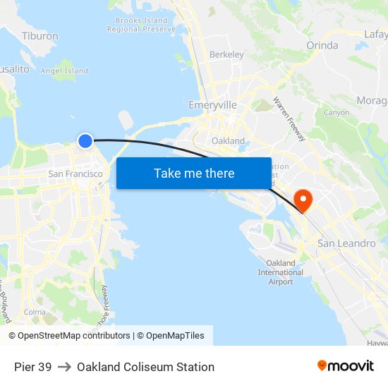 Pier 39 to Oakland Coliseum Station map