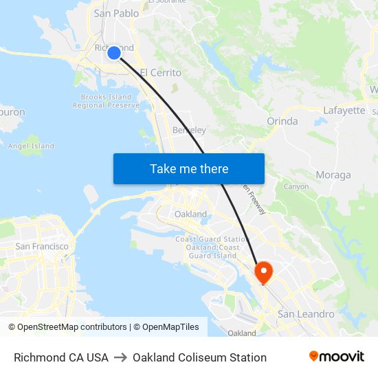 Richmond CA USA to Oakland Coliseum Station map