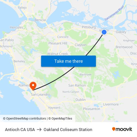 Antioch CA USA to Oakland Coliseum Station map