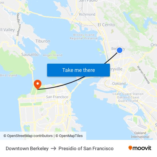 Downtown Berkeley to Presidio of San Francisco map