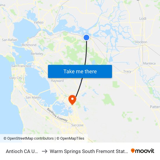 Antioch CA USA to Warm Springs South Fremont Station map