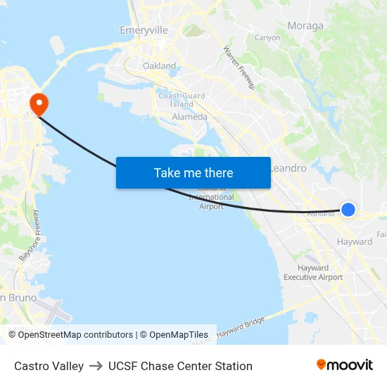 Castro Valley to UCSF Chase Center Station map