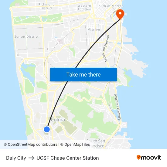 Daly City to UCSF Chase Center Station map