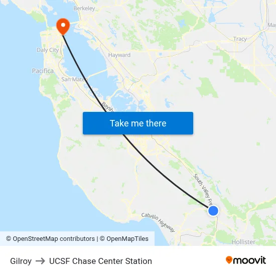 Gilroy to UCSF Chase Center Station map