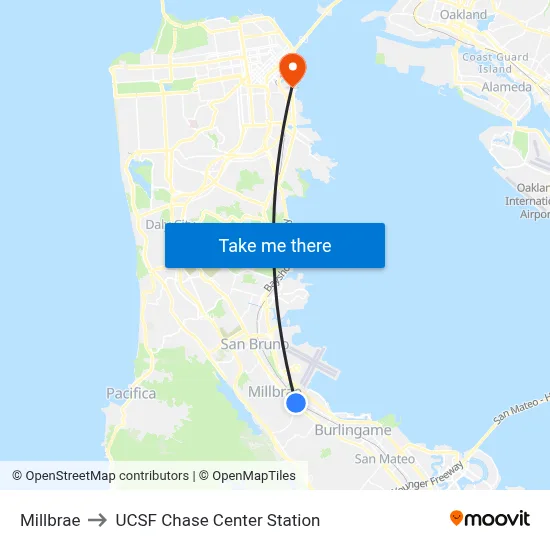 Millbrae to UCSF Chase Center Station map