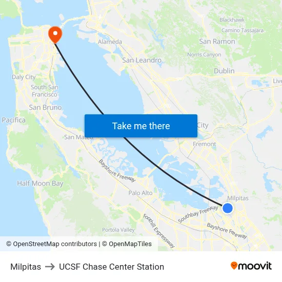 Milpitas to UCSF Chase Center Station map