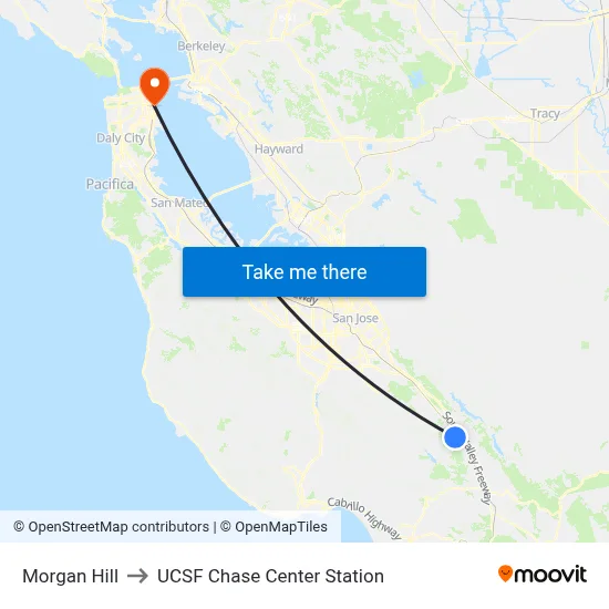 Morgan Hill to UCSF Chase Center Station map