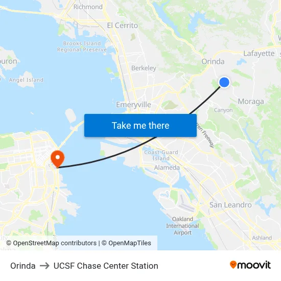 Orinda to UCSF Chase Center Station map