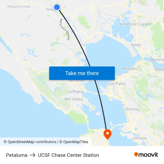 Petaluma to UCSF Chase Center Station map