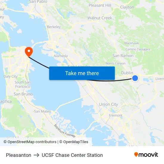 Pleasanton to UCSF Chase Center Station map