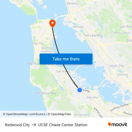 Redwood City to UCSF Chase Center Station map
