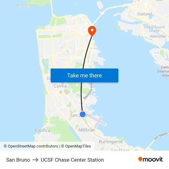 San Bruno to UCSF Chase Center Station map