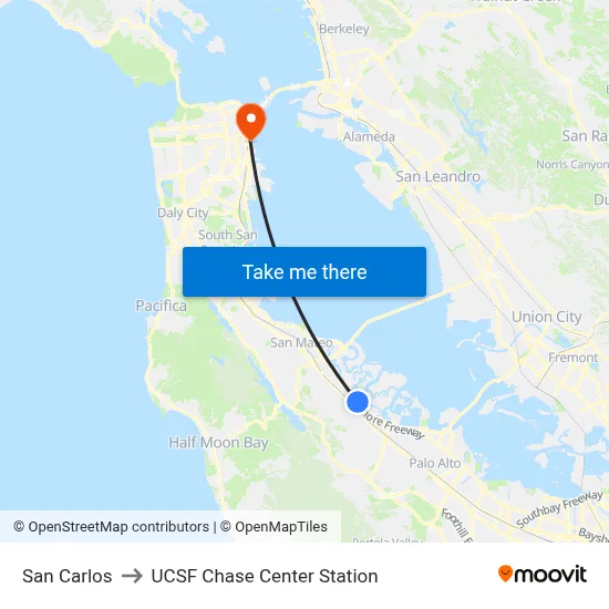 San Carlos to UCSF Chase Center Station map