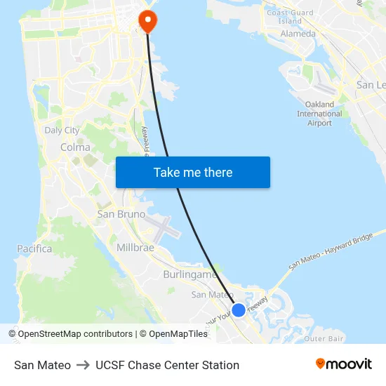 San Mateo to UCSF Chase Center Station map