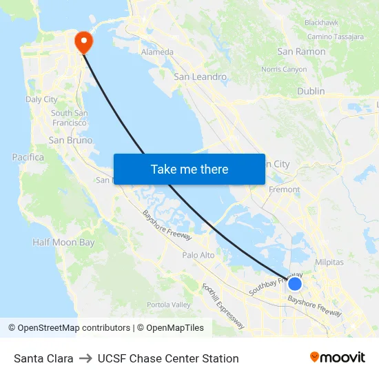 Santa Clara to UCSF Chase Center Station map