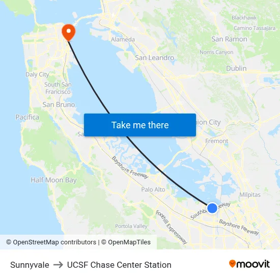 Sunnyvale to UCSF Chase Center Station map