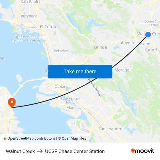 Walnut Creek to UCSF Chase Center Station map