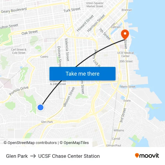 Glen Park to UCSF Chase Center Station map