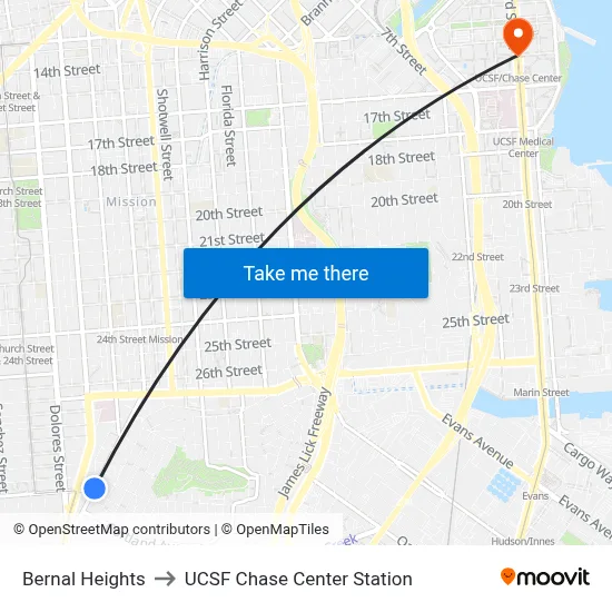 Bernal Heights to UCSF Chase Center Station map