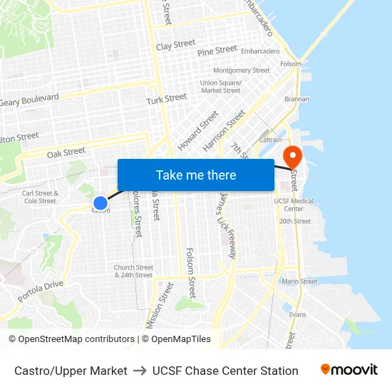 Castro/Upper Market to UCSF Chase Center Station map