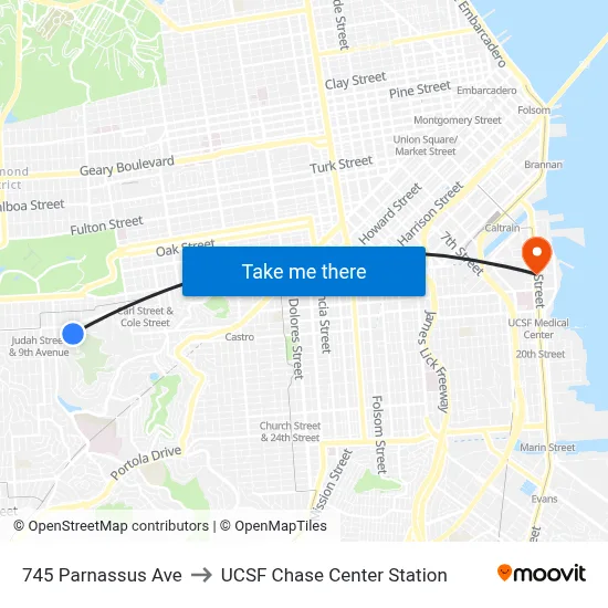 745 Parnassus Ave to UCSF Chase Center Station map