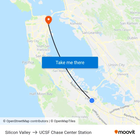 Silicon Valley to UCSF Chase Center Station map