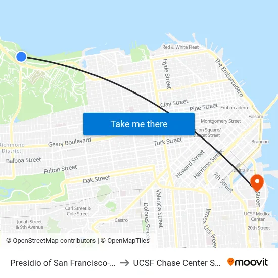 Presidio of San Francisco-North to UCSF Chase Center Station map