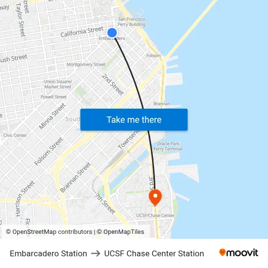 Embarcadero Station to UCSF Chase Center Station map