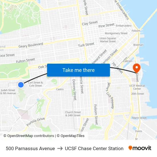 500 Parnassus Avenue to UCSF Chase Center Station map