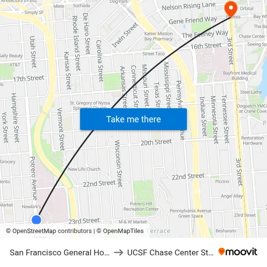 San Francisco General Hospital to UCSF Chase Center Station map