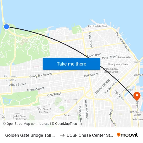 Golden Gate Bridge Toll Plaza to UCSF Chase Center Station map