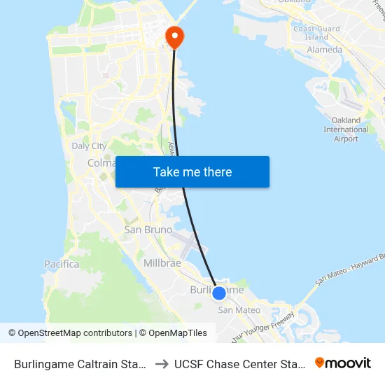 Burlingame Caltrain Station to UCSF Chase Center Station map