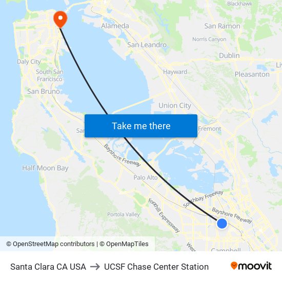 Santa Clara CA USA to UCSF Chase Center Station map