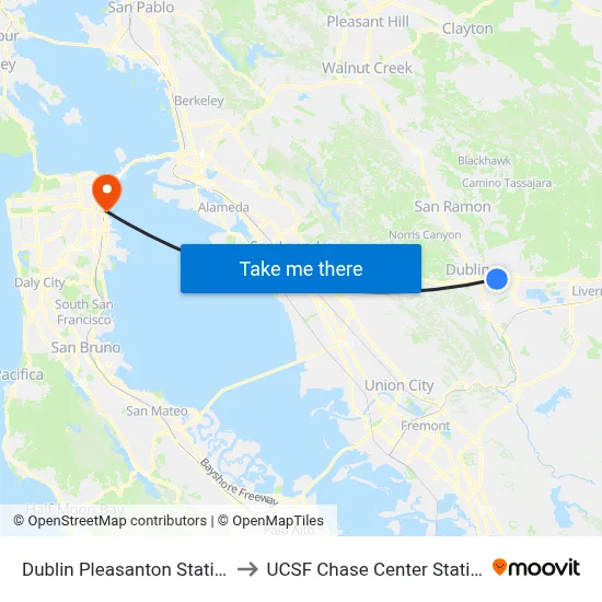 Dublin Pleasanton Station to UCSF Chase Center Station map