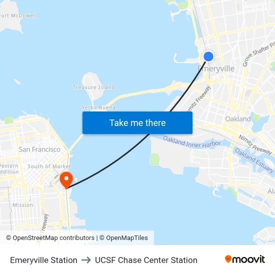 Emeryville Station to UCSF Chase Center Station map
