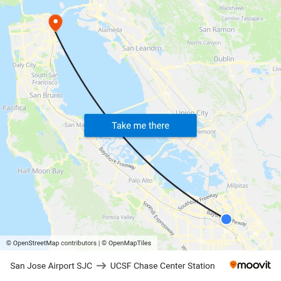 San Jose Airport SJC to UCSF Chase Center Station map