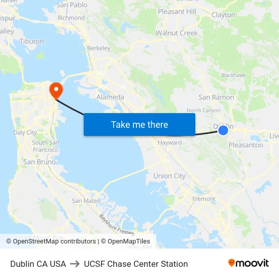 Dublin CA USA to UCSF Chase Center Station map