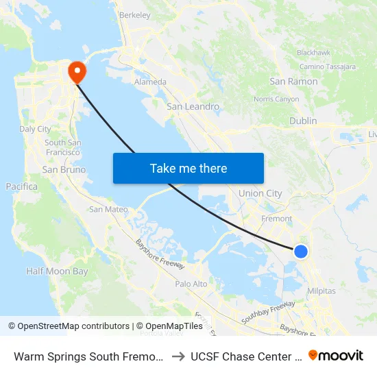 Warm Springs South Fremont Station to UCSF Chase Center Station map