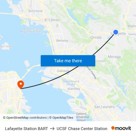 Lafayette Station BART to UCSF Chase Center Station map