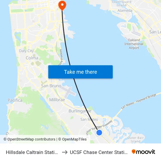 Hillsdale Caltrain Station to UCSF Chase Center Station map