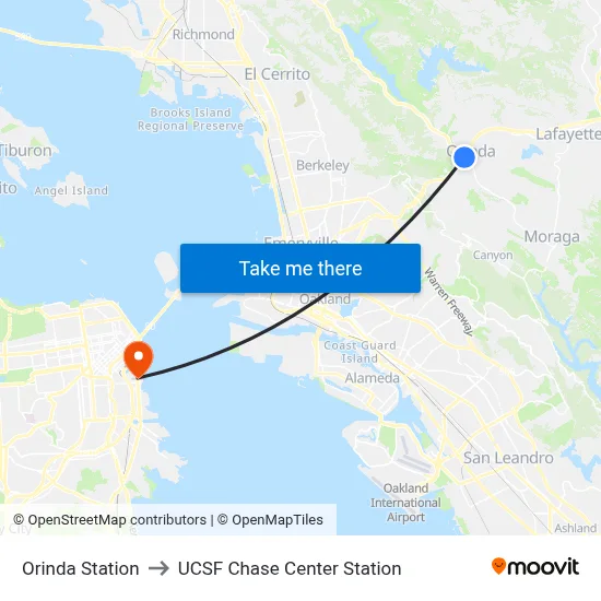 Orinda Station to UCSF Chase Center Station map