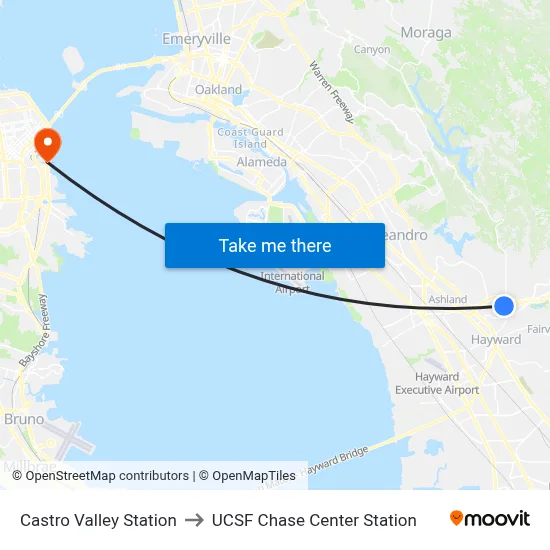 Castro Valley Station to UCSF Chase Center Station map