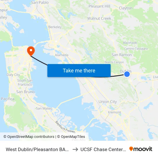 West Dublin/Pleasanton BART Station to UCSF Chase Center Station map